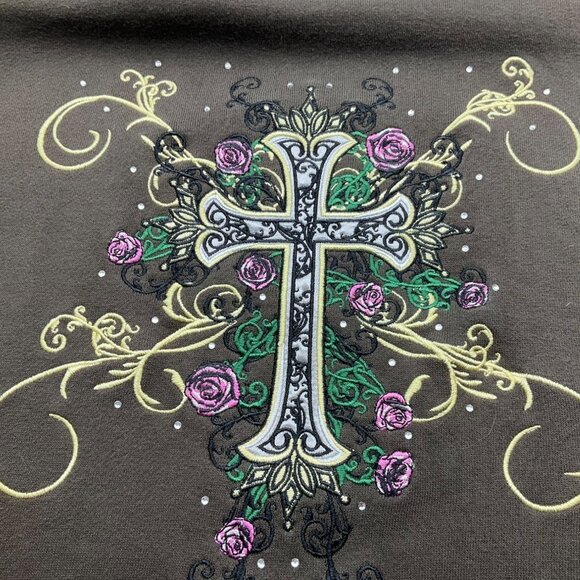 VTG Cowgirl Hardware Large Y2K Brown Sweatshirt Hoodie Embroidered Cross Roses - Picture 3 of 12